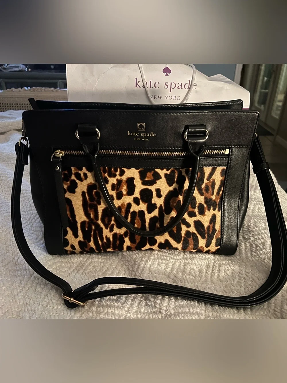 kate spade leopard print satchel in black and brown